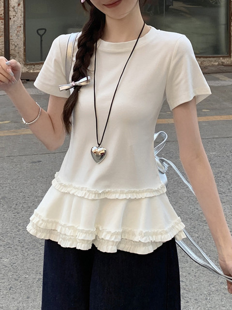 Korean Chic Outfit with Ruffled Skirt, Unique Blouse for Women, Summer Round Neck, Sweet and Versatile, Stunning Short-Sleeved T-Shirt