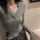 Chic and Unique V-Neck Long-Sleeve T-Shirt for Women, Early Autumn New Style, Slim Fit, Hong Kong Style, with a Touch of Sophistication, Revealing Collarbone, Button-Up Top, Chic