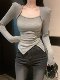 American-Style Spicy Girl Square-Neck Brushed Fleece T-Shirt for Women 2025 Autumn and Winter Sexy Irregular Unique Slim-Fit Top