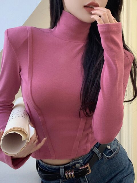 Autumn and Winter High-Neck Long-Sleeve Regular Shoulder Base Shirt for Women, Slim Fit with Fishbone Line, Warm Inner Wear, Cropped Top That Exposes the Navel