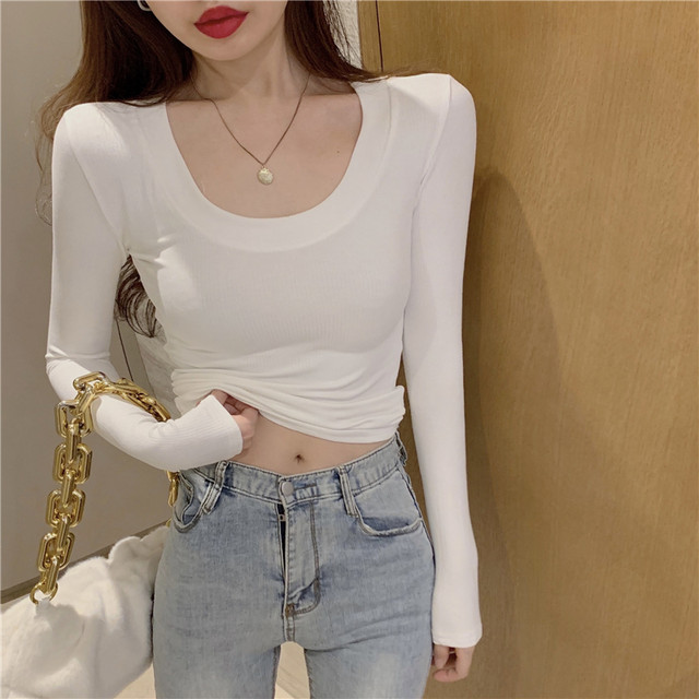 Trendy U-Neck Ribbed Long-Sleeve T-Shirt for Women, New Autumn and Winter Korean Style Slim-Fit Short Base Shirt for Layering