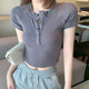Pure and Alluring Style, Unique Button Half-Open Collar Short-Sleeve T-Shirt for Women, 2023 Summer High-Waisted Short Slim-Fit Bm Top ins