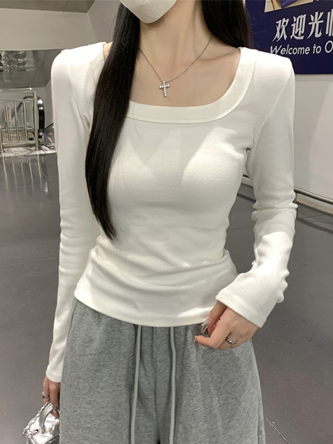 Square-Neck Simple Basic Versatile Long-Sleeve T-Shirt for Women, Early Autumn New Korean Style Pure and Elegant Inner Layering Top