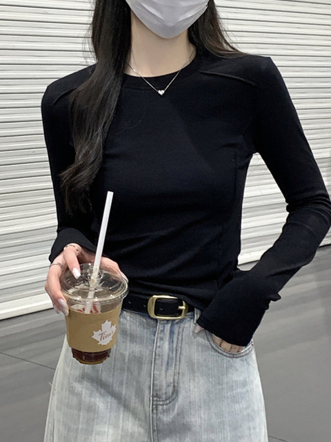 Korean Style Elegant Fishbone Slim-Fit Design Long-Sleeve T-Shirt for Women 2025 Early Autumn Petite Versatile Simple Top ins