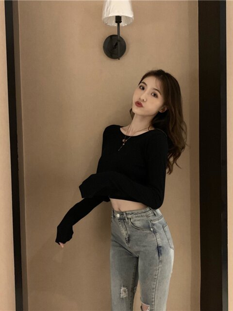 Basic Round Neck High-Waisted Long-Sleeved T-Shirt for Women, Short Style, New Autumn Korean Version, Slim Fit, Navel-Baring Base Shirt for Women ins