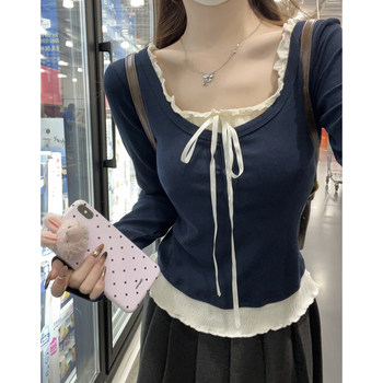 Sweet and Elegant Color-Blocked Ruffled T-Shirt for Women, 2025 Autumn, Button-Up Faux Two-Piece with Bow Tie, Short Top