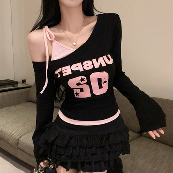 American High Street Style Color-Block Long-Sleeve Top for Women, Spring Design, Cool and Spicy, Slim Fit, Fake Two-Piece, Asymmetrical Neckline and Shoulder T-Shirt ins