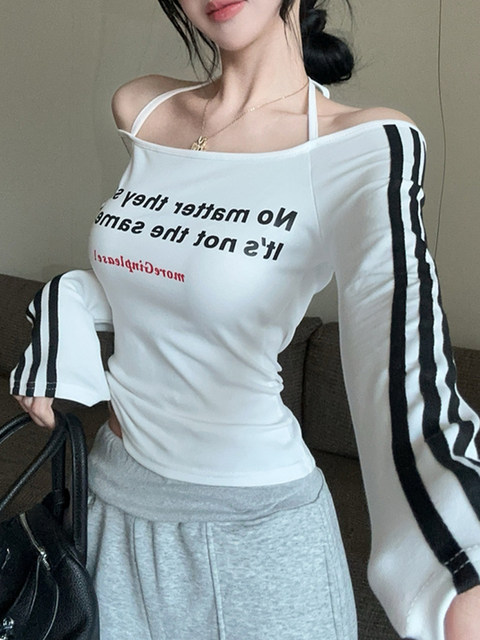 Sexy Hot Girl Style Letter Print Top for Women 2025 Autumn Tight-Fitting Versatile Long-Sleeve T-Shirt Off-Shoulder Halter Top