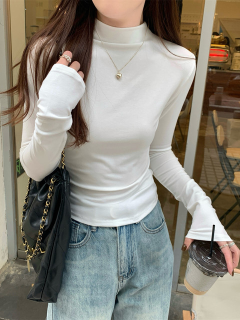 Half-High Collar Long-Sleeve Base Shirt T-Shirt for Women, Autumn Pleated Unique Blue Color, Flattering and Stylish Top
