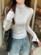 Half-High Collar Long-Sleeve Base Shirt T-Shirt for Women, Autumn Pleated Unique Blue Color, Flattering and Stylish Top