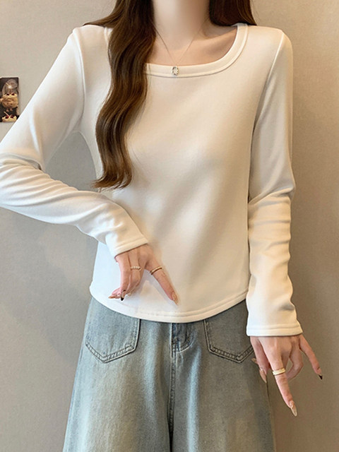 Fleece-Lined, Thickened, Warm Long-Sleeve T-Shirt, Base Layer for Women, 2024 Autumn and Winter, Irregular Hem, Gray, High-End Feel Top