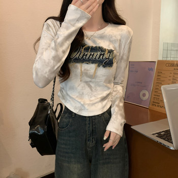 2026 Spring American-Style Spicy Girl Vintage Denim Patchwork T-Shirt for Women with Unique Design, Niche Drawstring, Unique and Beautiful Top