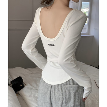 American-Style Spicy Girl Letter Print Backless U-Neck Long-Sleeve T-Shirt for Women, New Spring Elastic Slim-Fit Simple Inner Layer Top