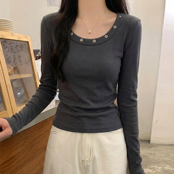 Dark Gray Round-Neck T-Shirt with Rivet Design, Long-Sleeved, Stylish and Slim-Fit, Casual Spring Top for Women, Ins Style