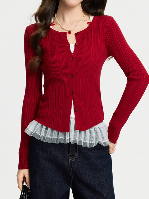 Stylish Red Knit Cardigan for Women, Spring Button-Up Slim-Fit Sweater, Short Jacket for New Year's Outfit