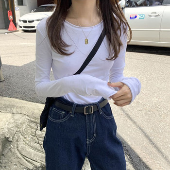 2025 Early Spring New Stylish White Long-Sleeve T-Shirt for Women, Layered Hong Kong Style Slim Fit Rolled Hem Top Base Shirt