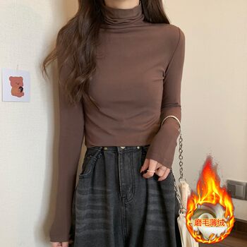 Korean Style Brushed Thin Velvet Turtleneck Long-Sleeve T-Shirt for Women, New Autumn and Winter Basic Slim-Fit Warm Base Layer Shirt ins