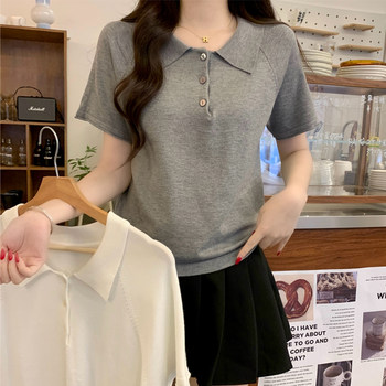 Gray Simple Casual Polo Collar Raglan Sleeve Knit Top for Women, Fashionable Button-Down Turn-Down Collar Loose Versatile Short-Sleeve Shirt