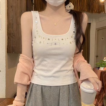 Millennial-Style Metal-Decorated Sleeveless Vest for Women, Summer White U-Neck Design, Stylish Inner Wear Top, Niche Base Shirt