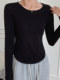 Chic Round Neck Irregular Hem Long-Sleeved T-Shirt for Women, New Autumn Korean Style Solid Color Slim Fit Short Top
