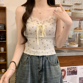 Sweet Girly Style Lace Patchwork V-Neck Camisole for Women, Summer Bowknot Slim-Fit Short Pure Desire Base Shirt