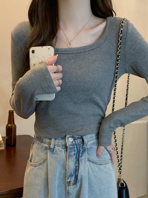 Basic Gray Ribbed Long-Sleeved Top That Exposes the Collarbone, Women's Early Autumn New Korean Style Slim Fit Short Top