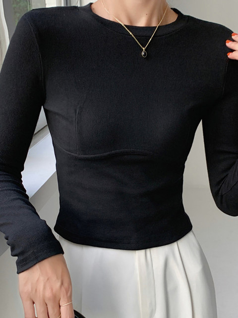 Korean Style White Round Neck Long-Sleeved T-Shirt for Women, Autumn and Winter New Design, Fishbone Slim Fit, Slimming Short Top