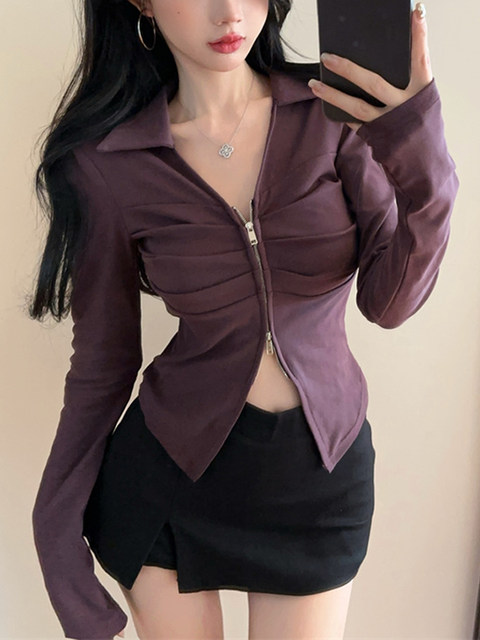 Spicy Girl Pure Desire Style Lapel Double Zipper Long-Sleeve T-Shirt for Women 2025 Autumn and Winter Pleated Design Waist-Cinching Slimming Top