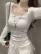 Square-Neck Pure and Alluring Long-Sleeve T-Shirt for Women, 2025 Autumn French Chic Lace Patchwork Short Crop Top ins