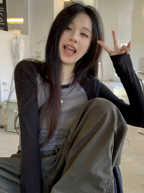 American-Style Spicy Girl Raglan Long-Sleeve T-Shirt for Women, 2024 Autumn New Color-Blocked Round Neck Tight-Fitting Versatile Base Shirt Top ins