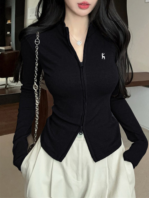 Korean-Style Minimalist Zip-Up Long-Sleeve Cardigan for Women, 2025 Autumn/Winter Season, Half-High Collar, Short Style, High-End Niche Design, Unique Top