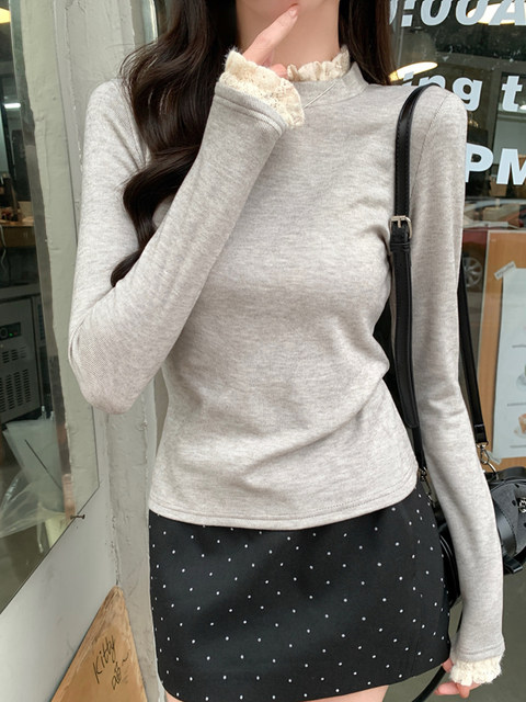 2025 Autumn and Winter High-End Half-Turtleneck Brushed Base Shirt Lace Trim T-Shirt Women's Unique Regular Shoulder Warm Top