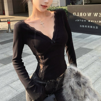 Sexy Hot Girl Style Lace Trim Long-Sleeve T-Shirt for Women 2025 Autumn and Winter, Subtle V-Neck, Slim Fit, Flattering Inner Top