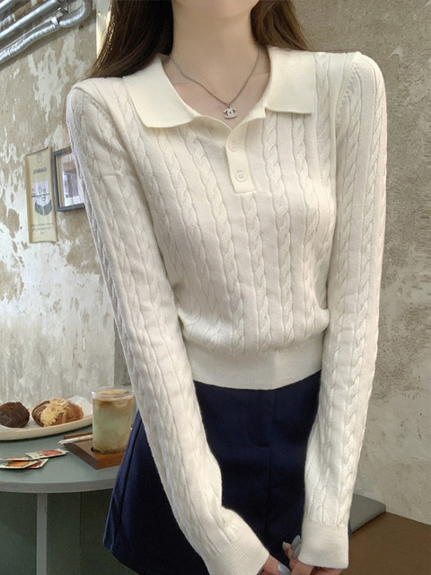 French Retro Twist Knit High-End Polo Collar Top for Women, Early Autumn Short Stylish Fashionable Base Knit Sweater