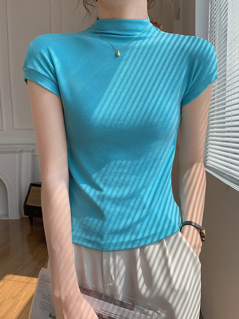 Basic Simple High-Neck Ribbed Cotton T-Shirt for Women, Blue, Early Autumn New Style, Korean Version, Slim Fit, Mid-Neck Base Shirt ins