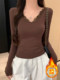 Trendy V-Neck Lace Brushed T-Shirt for Women, Autumn and Winter Slim-Fit Base Layer, Warm Inner Wear, Beautiful and Age-Reducing Top ins
