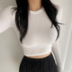 Basic Style Simple Round Neck Long-Sleeve T-Shirt for Women, Early Autumn New Tight-Fitting Waist-Revealing Base Shirt, Short Top