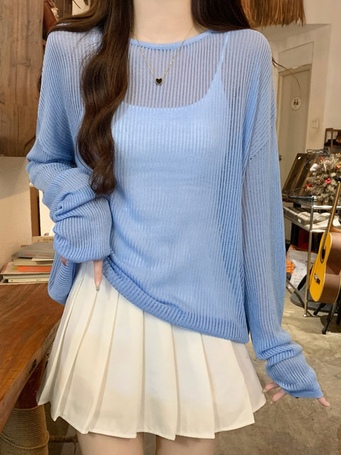 Sexy and Alluring Black Long-Sleeve Hollow-Out Knit Top for Women, Spring Thin See-Through Sun Protection Cover-Up, Loose Versatile Top