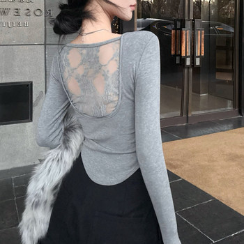 Sexy Style T-Shirt with Chest Pads and Hollow Back Lace Splicing for Women, Spring U-Neck Stylish Korean Chic Top