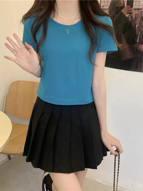 Basic Solid Color Round Neck Regular Shoulder Short-Sleeve T-Shirt for Women, New Summer Style, Petite, Slim Fit, Versatile Top