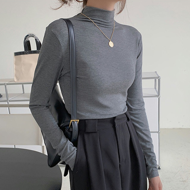 Half-High Collar Korean Style Long-Sleeve T-Shirt for Women, New Autumn and Winter Mid-Neck Solid Color Slim-Fit Basic Top, Base Layer Shirt for Women