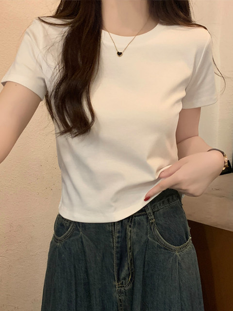 American Style Spicy Girl Simple Slim-Fit Base Shirt Short-Sleeve T-Shirt for Women, New Summer High-Waisted Versatile Short Top with Regular Shoulders