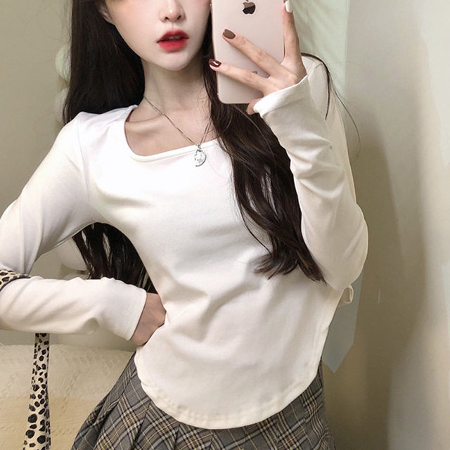 Irregular Hem U-Neck Long-Sleeve T-Shirt for Women, White, 2023 Early Autumn New Korean Style Slim-Fit Base Shirt, Thin Top