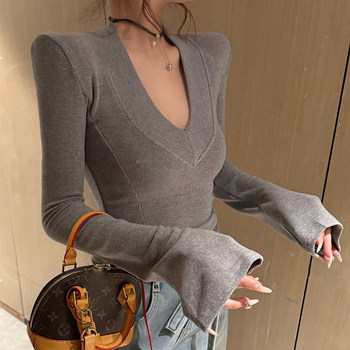 Fashionable V-Neck Slimming Brushed Base Shirt for Women 2024 Autumn and Winter Sexy Hot Girl Regular Shoulder Slim Fit Micro-Flared Sleeve Top