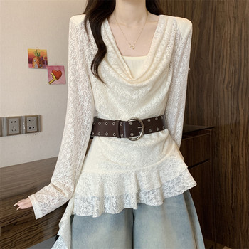 Autumn Spicy Girl Ruffled Neckline Fake Two-Piece T-Shirt for Women with a High-End Feel, Cinched Waist, Layered with Belt, Lace Top ins