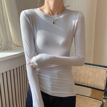 Casual White Round-Neck Modal Long-Sleeved Bottoming Shirt for Women in Autumn and Winter New Korean Style Slim Fit Elastic Top