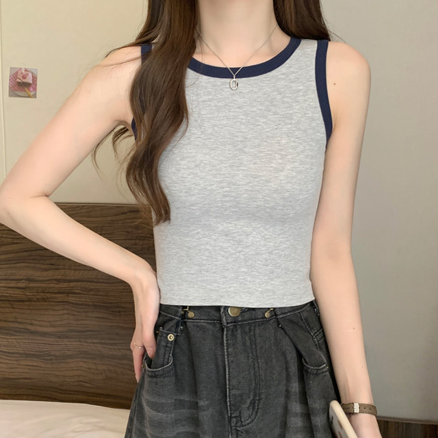 Small contrast color round neck vest for women summer new Korean style slimming navel exposed short sleeveless bottoming top
