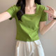 Korean Style Square Neck Collarbone-Exposing Short-Sleeved T-Shirt for Women, New Summer Style, Simple Solid Color, Slim Fit, Versatile Short Top
