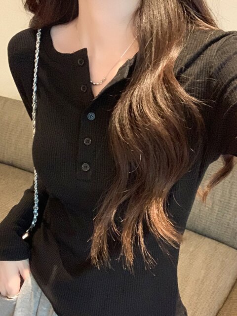 Korean Style Elegant Half-Open Collar Ribbed Long-Sleeve T-Shirt for Women, 2025 Autumn Design, Slim-Fit Base Layer Top