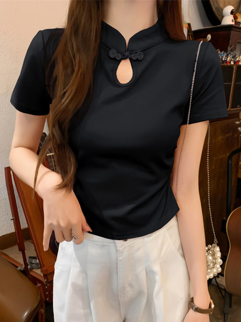 Summer 2025 New Style New Chinese-Style Hollow-Out Short-Sleeve Base Shirt, Improved Cheongsam with Button Closure, Short Fashionable Versatile Top